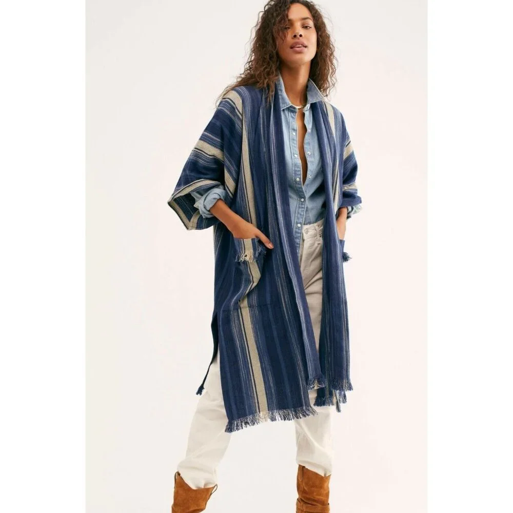 Free People Odyssey Indigo Blue Stripe Kimono One Size S M L - Picture 4 of 7